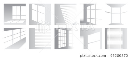 Overlay sun light shadows from window. White wall or floor with black effect. Sunlight shapes. Jalousie overlap shades mockup. Lighting beams in room. Vector abstract backgrounds set 95280870