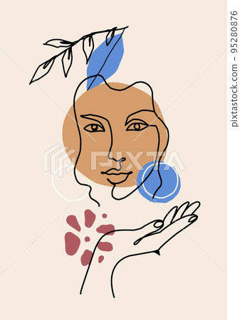Abstract face art. Woman beautiful portrait with hands and leaves. One line drawing, outline young girl head with abstract shapes. Minimal style artwork. Elegant card, vector illustration Abstract face art. Woman beautiful portrait with hands and leaves. One line drawing, outline young girl head with abstract shapes. Minimal style artwork. Elegant card, vector illustration 95280876