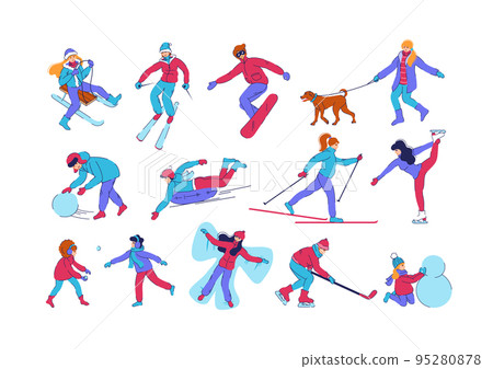 Winter people activities. Persons ride on snowboard or sleigh. Active leisure. Man play hockey. Children throw snowball. Kid makes snowman. Figure skating. Vector isolated illustrations set Winter people activities. Persons ride on snowboard or sleigh. Active leisure. Man play hockey. Children throw snowball. Kid makes snowman. Figure skating. Vector isolated illustrations set 95280878