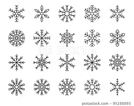 Snowflake icons set, crystal geometric snow. Ice winter flakes, cold art stars, cute xmas holiday ornament. Black snowfall pictograms. Christmas decor. Vector line decoration elements 95280893