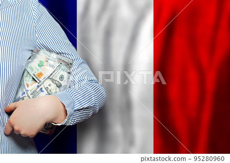 Blue, white and red French flag and American dollars money 95280960