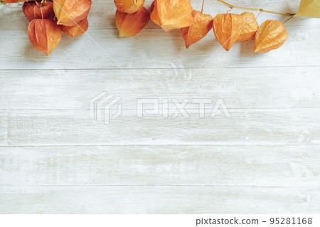 Autumn composition.Physalis border on wooden background. Flat lay Autumn composition.Physalis border on wooden background. Flat lay 95281168