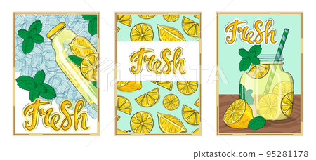 Lemon poster, lemonade juice with bubbles in bottle. Vintage typography card collection, fresh fruit food label, organic mint leaf and ice. Hand drawn summer citrus, vector botanical design concept Lemon poster, lemonade juice with bubbles in bottle. Vintage typography card collection, fresh fruit food label, organic mint leaf and ice. Hand drawn summer citrus, vector botanical design concept 95281178