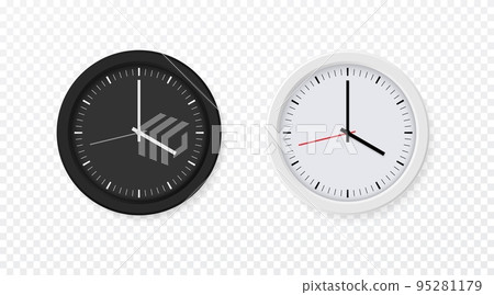 Wall clock, realistic black and white watch. Round hour clockface, quartz clockwise, light schedule, minutes hours and seconds arrow. Time measurement instrument vector isolated modern style element 95281179