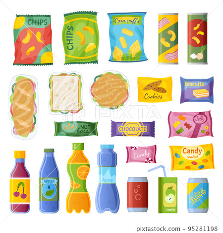 Snack set, candy and chips, drink packet package. Biscuit box, sandwich and crisps, bar food vending. Water and juice in placket bottles, meal packing, cartoon flat food. Vector isolated illustration Snack set, candy and chips, drink packet package. Biscuit box, sandwich and crisps, bar food vending. Water and juice in placket bottles, meal packing, cartoon flat food. Vector isolated illustration 95281198