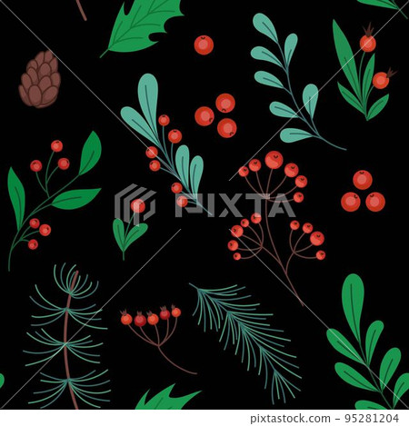 Christmas pattern. Holiday winter plants. Red flower. Holly branch and berry. Floral leaves. Cute mistletoe. Coniferous twigs and cones. Botanical elements. Vector seamless tidy background design Christmas pattern. Holiday winter plants. Red flower. Holly branch and berry. Floral leaves. Cute mistletoe. Coniferous twigs and cones. Botanical elements. Vector seamless tidy background design 95281204