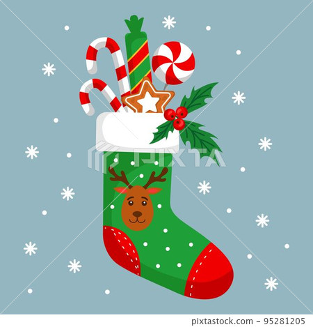 Christmas winter sock. Festive stocking or boot. Santa present with apple, sweets and ribbon. Happy child gift. Snowflakes and holly. Xmas holiday traditional surprise. Vector isolated tidy background 95281205
