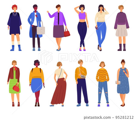 Strong women. Happy female and feminist characters. Confident girls group. Friendship or sisterhood. Nowaday friends. Isolated standing young persons in fashion casual outfits. Vector cartoon flat set 95281212