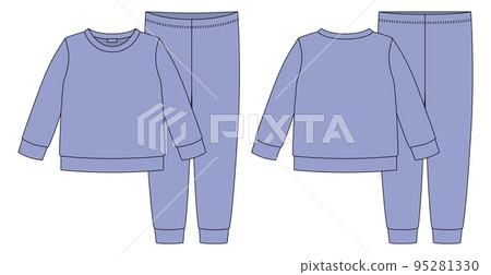 Apparel pajamas technical sketch. Violet color. Childrens cotton sweatshirt and pants. Apparel pajamas technical sketch. Violet color. Childrens cotton sweatshirt and pants. 95281330