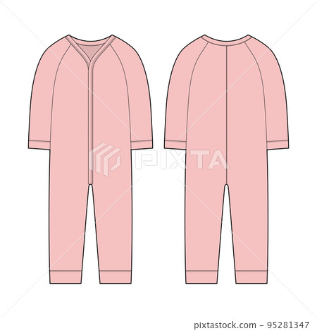 Onesie with a long sleeves. Infant romper. Pink color. Baby body wear mock up. Children bodysuit. Technical sketch 95281347