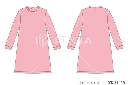 Nightdress technical sketch. Cotton chemise for children. Peach pink color. Nightgown. Nightdress technical sketch. Cotton chemise for children. Peach pink color. Nightgown. 95281439