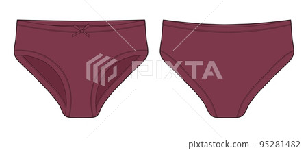 Technical sketch of briefs for girls. Female underpants. Dark red color. Women casual panties. Technical sketch of briefs for girls. Female underpants. Dark red color. Women casual panties. 95281482