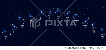 Astrological constellations of zodiac signs on the night sky with stars, set. Horoscope, vector Astrological constellations of zodiac signs on the night sky with stars, set. Horoscope, vector 95281544