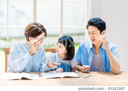 Family pointing out girl's study Family pointing out girl's study 95281997