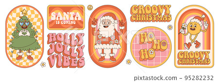 Groovy hippie Christmas stickers. Santa Claus, Christmas tree, smile, rainbow, holly jolly in trendy retro cartoon style. Happy New year greeting card, poster, print, party invitation, background. 95282232
