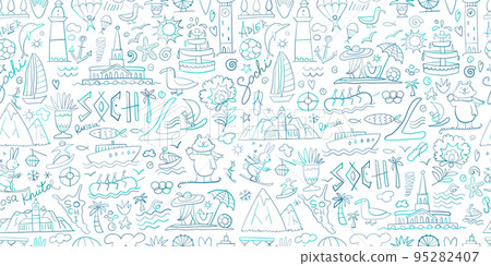 Travel to Sochi, Russian City on Black Sea. Tourism Concept. Seamless Pattern Background for your design 95282407