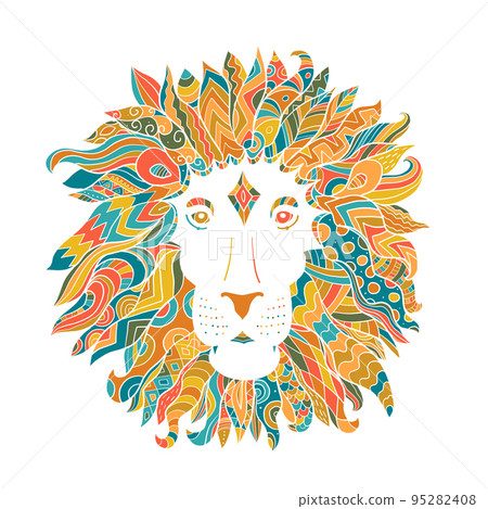 Hand drawn outline lion head decorated with abstract doodle zentangle ornaments. Sketch for your design 95282408