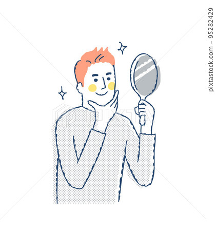 一個男人在手鏡裡看著自己的臉 95282429