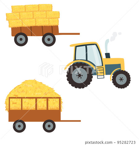 Tractor with agricultural haycock in the trailer in cartoon flat style, rural hay rolled stack, dried farm haystack. Vector illustration of fodder straw Tractor with agricultural haycock in the trailer in cartoon flat style, rural hay rolled stack, dried farm haystack. Vector illustration of fodder straw 95282723