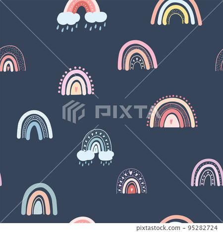 Seamless pattern with hand drawn rainbows, hearts, clouds, raindrops. Vector background with colorful pastel rainbow childish scandinavian style for fabric print, apparel, children textile design Seamless pattern with hand drawn rainbows, hearts, clouds, raindrops. Vector background with colorful pastel rainbow childish scandinavian style for fabric print, apparel, children textile design 95282724