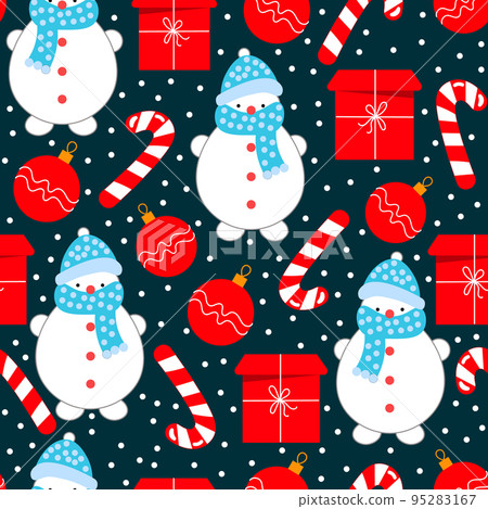 Seamless pattern, snowmen, gifts boxes, candies and Christmas balls. Print, textile, vector 95283167