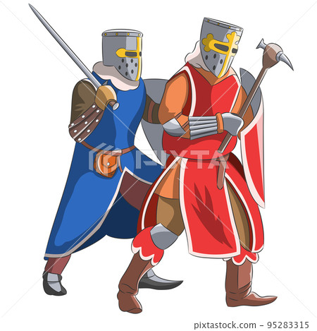 Two walking men in knightly armor isolated on white background. Two walking men in knightly armor isolated on white background. 95283315