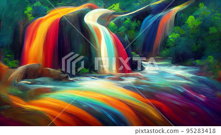Magical waterfall stream in different color forest. Digital illustration. Magical waterfall stream in different color forest. Digital illustration. 95283418
