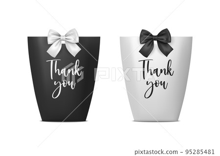 Thank You. Vector 3d Realistic Black and White Paper Gift Bag, Box for Birthday or Party with Gift Bow, Ribbon. Carry Bag for Present Icon Set Isolated on White Background 95285481