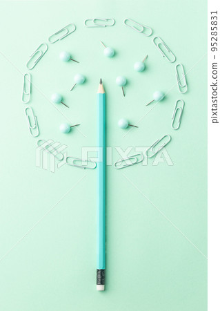 School stationery in turquoise color in form of tree, flat lay. Back to school 95285831