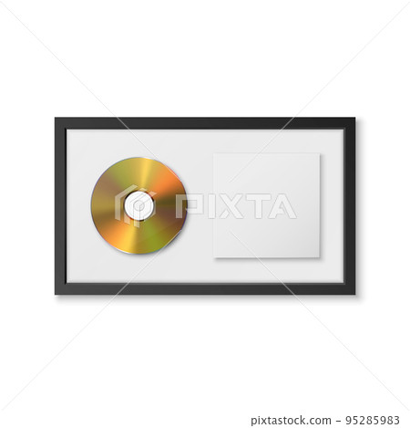 Realistic Vector 3d Yellow Golden CD, Label with Black CD Cover Frame Isolated. Single Album Compact Disc Award, Limited Edition. CD Design Template 95285983