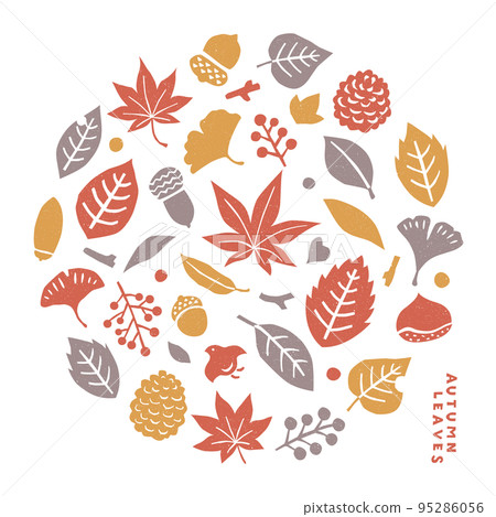 Stamp-style illustration set of autumn leaves and plants 95286056