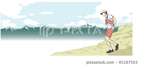 Trail runner admiring the view of the mountains during the race 95287503