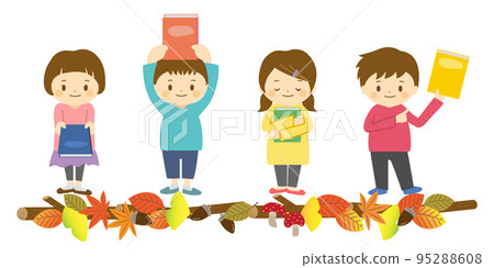 Children with autumn leaves line and books 95288608