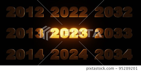 想像 2023 年到來的發光 3D 字母的 3D 渲染（垂直每年變化，水平每 10 年變化） 95289201