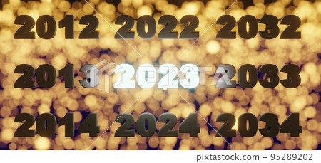 3D rendering of glowing three-dimensional letters that imagine the arrival of 2023 (vertical changes every year, horizontal changes every 10 years) 95289202