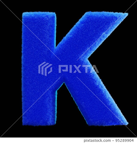 黑色背景上的藍色毛皮字母表。字母 K 95289904