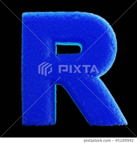 黑色背景上的藍色毛皮字母表。字母 r 黑色背景上的藍色毛皮字母表。字母 r 95289942