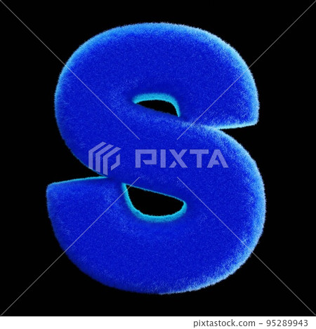 黑色背景上的藍色毛皮字母表。字母 S 黑色背景上的藍色毛皮字母表。字母 S 95289943