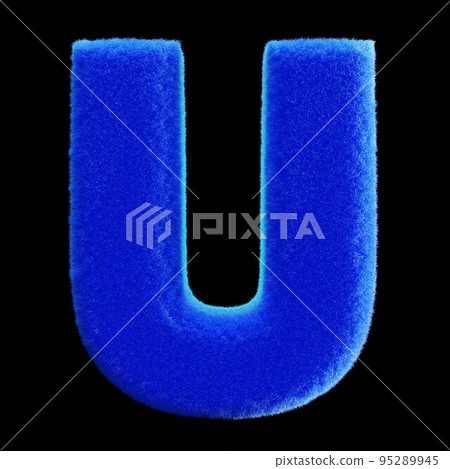 Blue fur alphabet on black background. letter U 95289945