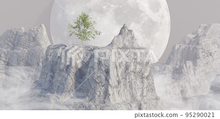 A lone tree on a rocky mountain with the moon in the background A lone tree on a rocky mountain with the moon in the background 95290021