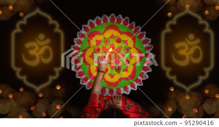 Clay diya lamps lit during diwali celebration, Diwali, or Dipawali, is India's biggest and most important holiday.. 95290416