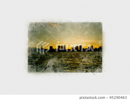 Sunset of Tokyo buildings, twilight of Toyosu, Tokyo, sky dyed orange, Tokyo Bay welcoming magic hour, dyed red Sunset of Tokyo buildings, twilight of Toyosu, Tokyo, sky dyed orange, Tokyo Bay welcoming magic hour, dyed red 95290463