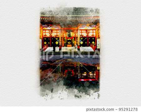 Japanese temple, beautiful shrine reflected on the surface of the water after rain, Asakusa temple 95291278
