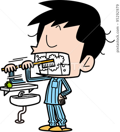 一個穿著睡衣的男人在臉盆前刷牙 95292979