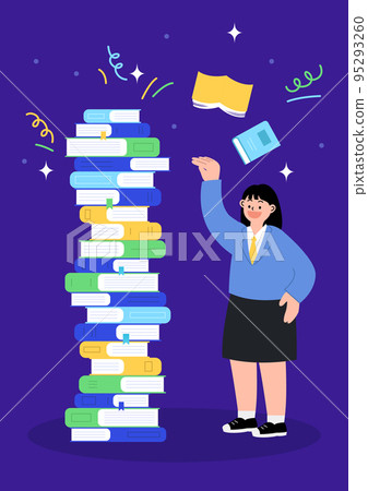 Illustration of high school students and books stacked high 95293260