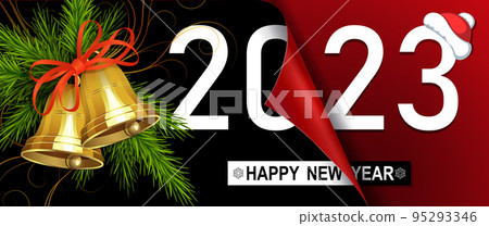 Happy new year 2023, christmas composition with golden bells, folded sheet of black and red hue 95293346