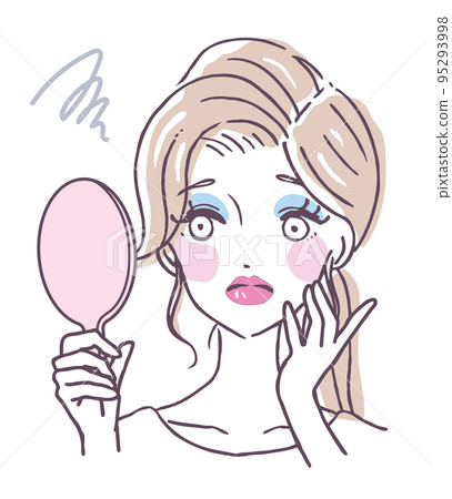 A woman who is worried about her poor makeup Can't do makeup well Okame blush Beginner Person illustration material 95293998