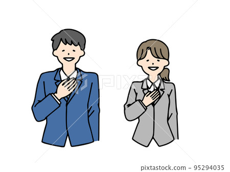 把手放在胸前的商人的男人和女人交給我 95294035