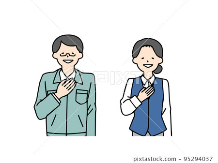 建築店的一個男人和接待處的一個女人把手放在胸前，說：“交給我吧。” 95294037