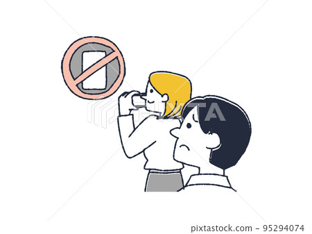 A woman taking pictures with a smartphone in a place where smartphone photography is prohibited Illustration calling for smartphone etiquette 95294074